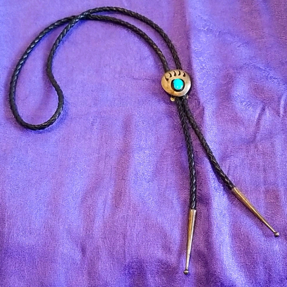 Vintage Silver Turquoise Paw Claw Leather BoloTie